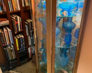 Vintage Bow Front Lighted Oak Curio Cabinet with Collection of Turquoise Glass