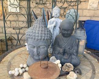 Collection of Buddha and Quan Yin Statues and Japanese Iron Candle / Incense Holders