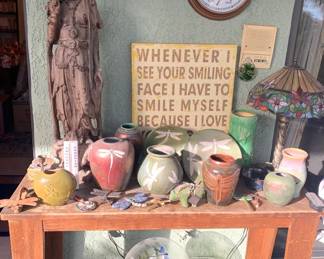 Collection of Signed Dragonfly Pottery and Vintage Quan Yin Statue