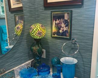 Collection of Turquoise Glassware, Vintage "Funny Girl" Art, and Dale Tiffany Peacock Lamp (Replica)