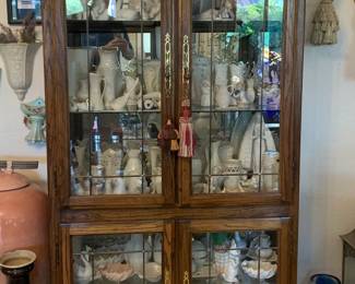 Solid Oak Lighted Curio Cabinet with Leaded Glass Doors