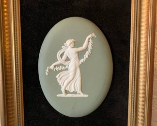 Wedgwood Green Jasperware Oval Plaque, Dancing Hours Floral Girl Cameo, Framed. One of Two