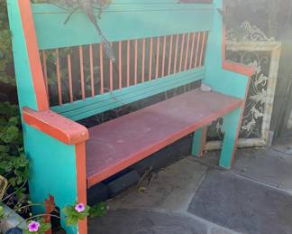 Southwest Style Turquoise and Pink Garden Bench with Large Metal Wire Dragonfly Sculpture