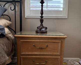 Antique end table with custom glass top. Lamp