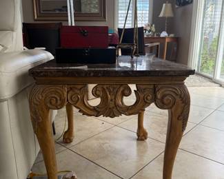 Marble end table, Lamp, storage boxes.