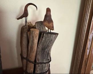 Primitive Folk Art Wood Bird Sculpture on Driftwood Base by Nova Scotia Artist