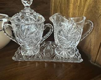 Cut Glass Sugar and Creamer Set with Tray, Starburst and Fan Pattern