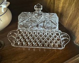Cut Crystal Butter Dish with Lid Starburst Pattern second image