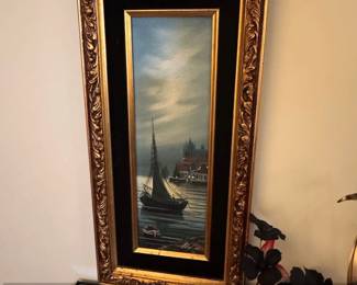 Vintage Nautical Sailboat Oil Painting in Ornate Gold Frame