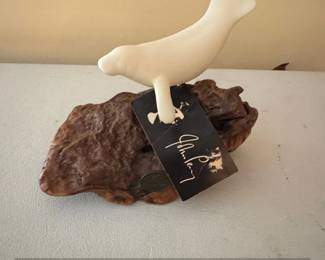 John Perry Ceramic Bird Sculpture with Driftwood Base