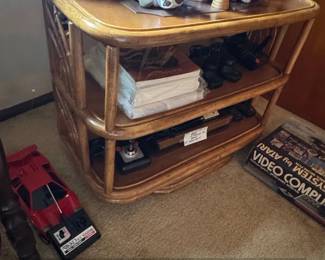 Vintage Bamboo and Rattan Tier Side Table or Bar Cart