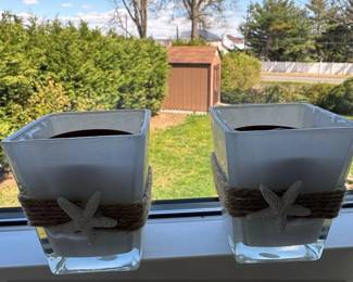 Frosted Glass Square Candle Holders with Jute Rope and Starfish Embellishments Set of