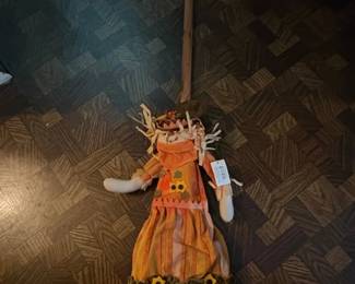 Decorative Scarecrow Broom with Sunflower Appliques