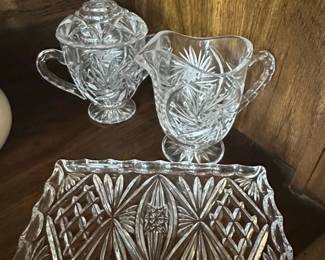Cut Glass Sugar and Creamer Set with Tray, Starburst and Fan Pattern second image