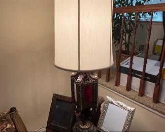 Vintage Gothic Revival Table Lamp with Red Glass Panels