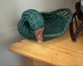 Vintage Teal Wicker Duck Basket with Wooden Beak