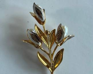 Vintage GoldTone Tulip Brooch with Faux Pearls and Black Enamel second image