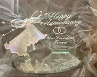 Glass Happy Anniversary Heart Cake Topper with Bells