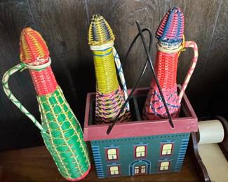Vintage Woven Plastic Bottle Set with House Caddy