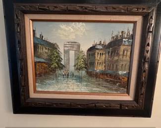 Parisian Street Scene Painting with Arc de Triomphe