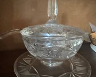 Anchor Hocking Early American Prescut Punch Bowl Set with Ladle and Underplate