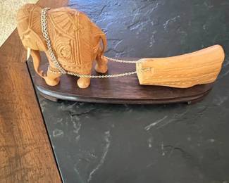 HandCarved Wooden Elephant Pulling a Log Figurine with Chain
