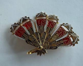 Vintage Damascene Fan Brooch Made in Spain