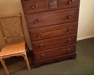 Antique Mahogany FiveDrawer Dresser with Ship Carving
