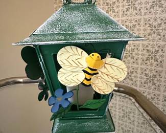Green Metal Lantern with Bee and Flower Decorations