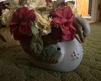Vintage Ceramic Swan Planter with Red and Cream Artificial Flowers