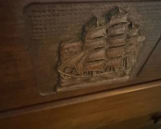 Vintage Wooden Dresser with Ship Carving second image