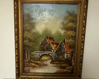 Vintage Landscape Painting with Cottage and Bridge by R. Lewis