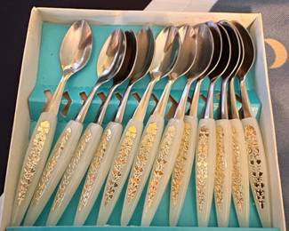 Vintage Stainless Steel Small Spoons with Creamy Floral Handles