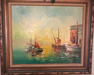 Seascape with Boats and Dock Oil Painting Signed A. Kley