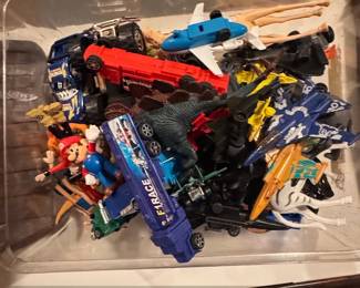 Assorted Toy Vehicles and Figures Lot Hot Wheels, Mario, Dinosaur, Jet Fighter