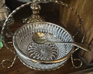Mayell Queen Anne Cut Crystal Jam Dish with SilverTone Spoon and Stand