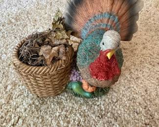 Thanksgiving Turkey Figurine with Woven Basket
