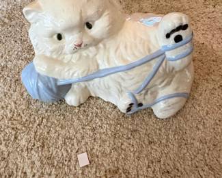 Vintage Ceramic Persian Cat with Blue Yarn Figurine