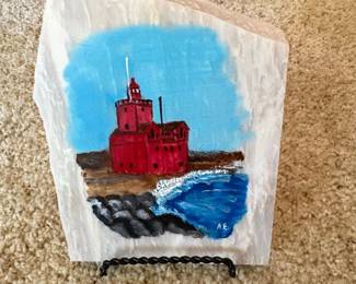 Painted Stone Big Red Lighthouse Scene