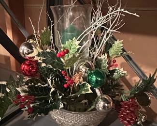 Christmas Floral Arrangement with Hurricane Vase and Ornaments