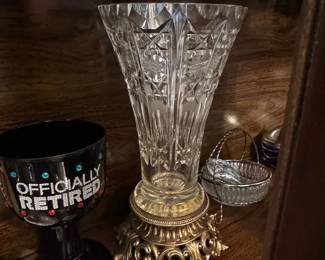 Cut Crystal Vase with Ornate Brass Base