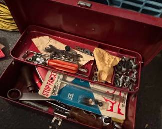Vintage Red Metal Stop Faucet Toolbox with Assorted Hardware