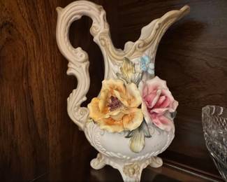 Vintage Capodimonte Porcelain Pitcher with Floral Appliqus
