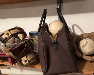 Vintage Baseball Catchers Mask and Gear Bag with Baseballs