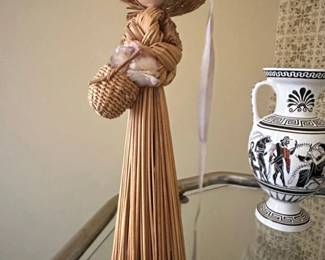 Vintage Korean Straw Doll with Wicker Basket and Flowers