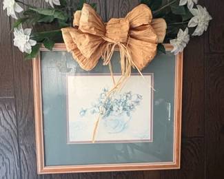 Framed Floral Print with Raffia Bow and Faux Flowers  Teacup Bouquet