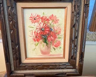 Floral Still Life Painting in Carved Wood Frame