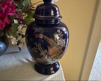 Vintage Cobalt Blue Porcelain Ginger Jar with Pheasant and Floral Motif, Made in Japan