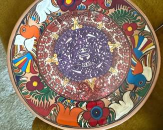 Hand Painted Aztec Sun Stone Ceramic Plate Mexican Folk Art
