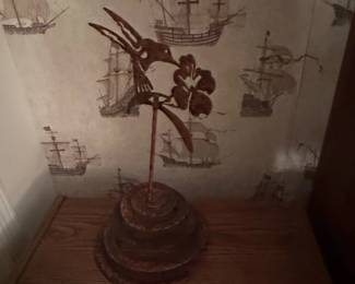 Metal Hummingbird and Flower Sculpture